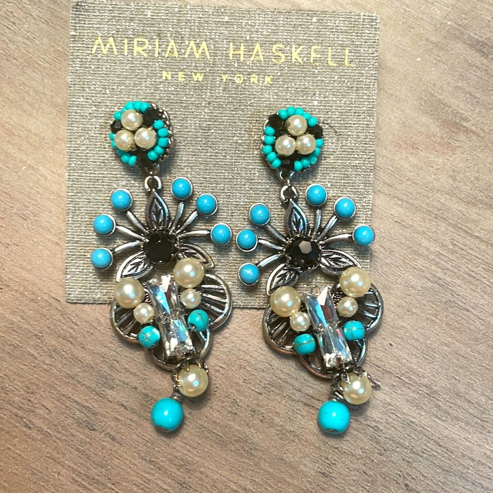 Miriam Haskell Turquoise Pearl Black Earrings NEW